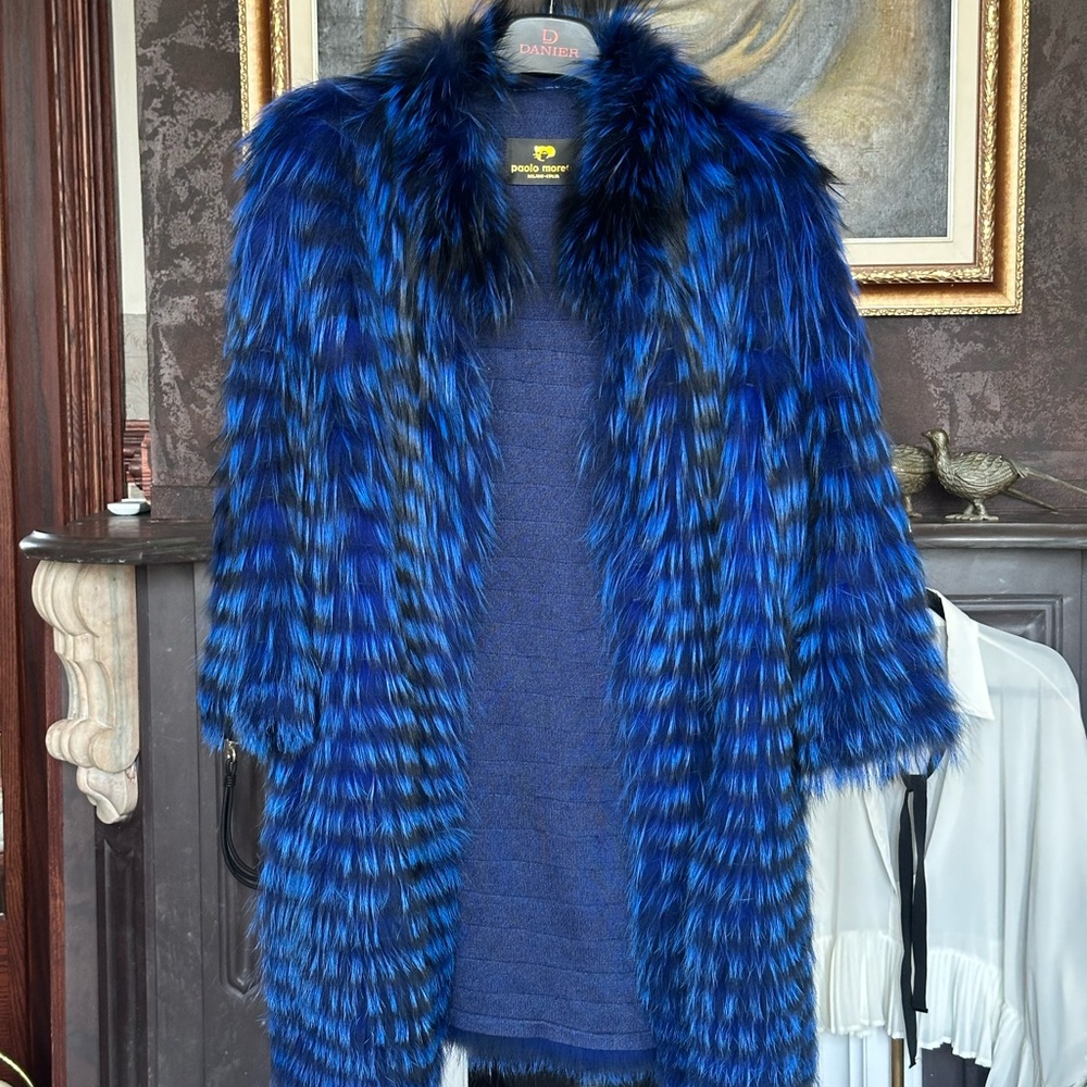 Paolo Moretti Blue Black Fox Fur Jacket 3/4 Sleeve Size 48 - Picture 4 of 9